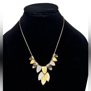 Gold Leaf Statement Necklace with Marbled Yellow & Rhinestone Accents